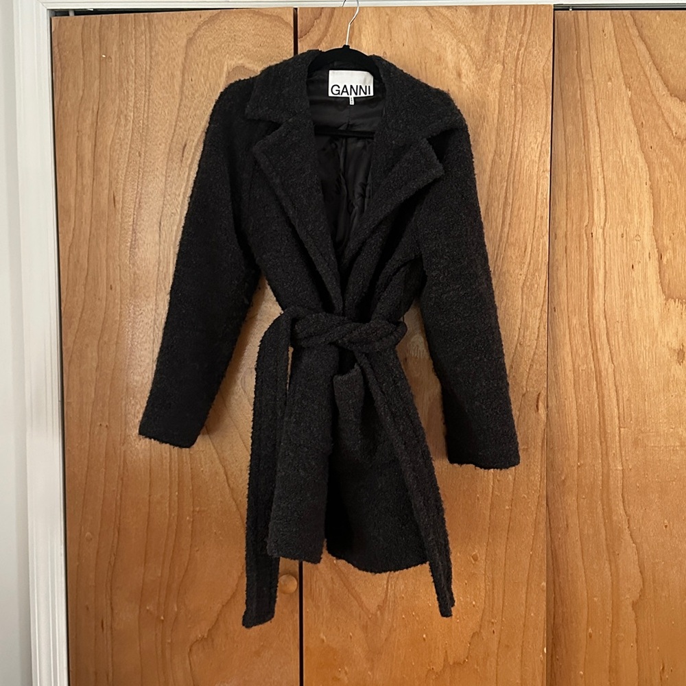 Ganni Charcoal Boucle Wrap Coat
